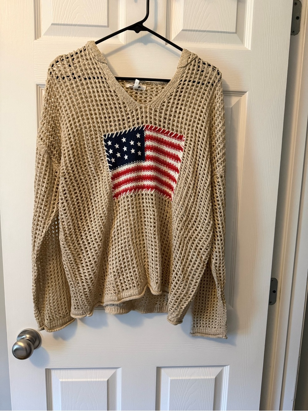 Maurices Cream Open-Knit V-Neck Sweater with Flag Applique